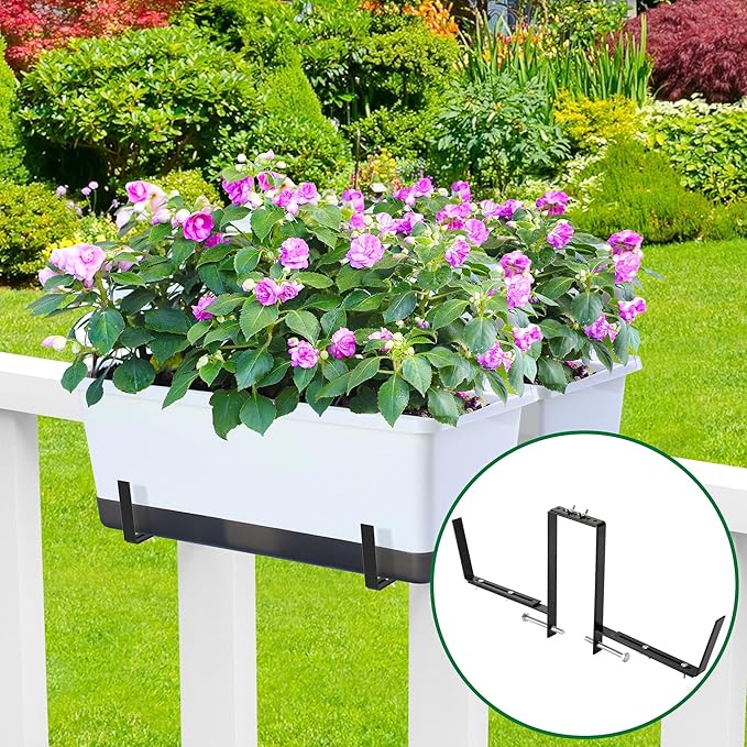 Adnee Set of 4 Double Sided Planter Box Brackets-Adjustable Window Boxes Flower Brackets-Railing Planters Box Brackets for Garden Balcony Window Fence Stairs