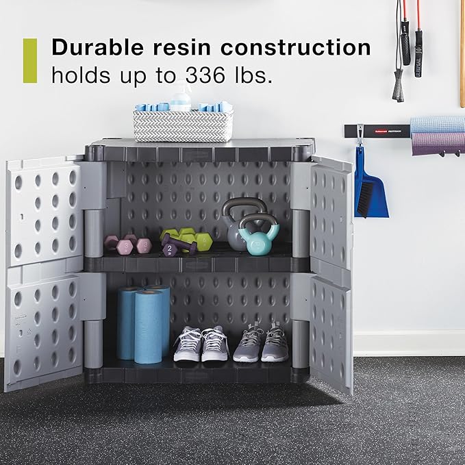 Rubbermaid Freestanding Storage Cabinet with Doors 18"D x 36"W x 37"H Medium Gray/Black Two-Shelf Lockable Cabinet for Indoor/Outdoor/Garage Storage for Garden Tools/Lawn Care Accessories
