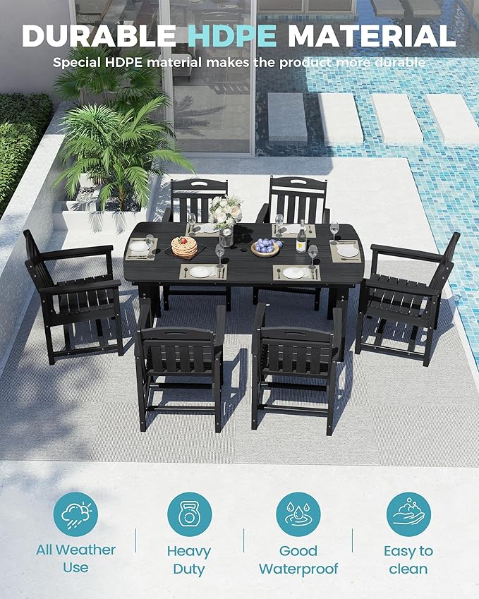 Ciokea HDPE Outdoor Dining Set, 7-Piece Patio Table and Chairs Set with Umbrella Hole, All-Weather Patio Dining Sets for 6, Durable Patio Furniture for Backyard, Garden, Lawn & Poolside, Black