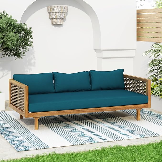Merax 67.5" Outdoor Patio Daybed 3 Seater Sofa Bed,Acacia Wood Frame with Rattan Arm,Cushion & Pillow for Courtyard