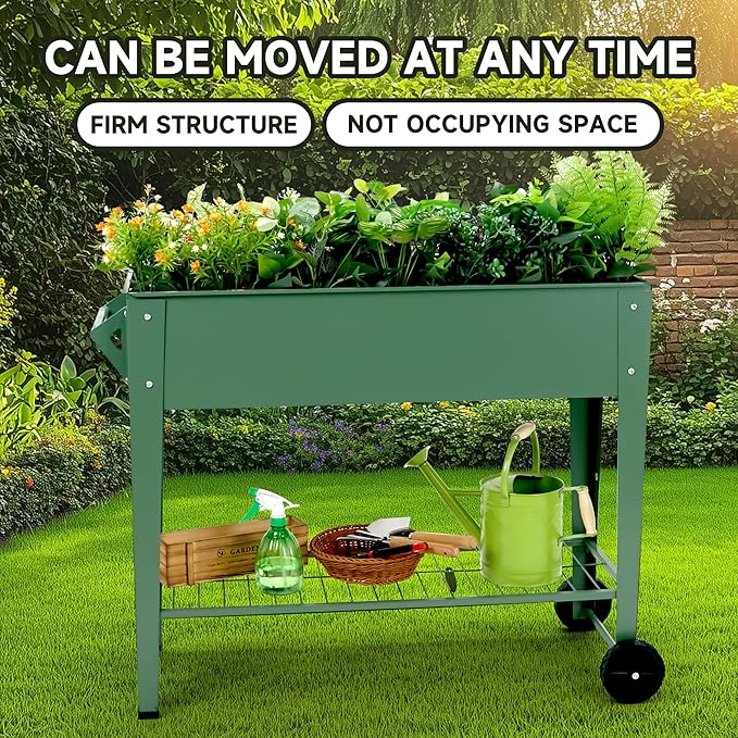 Raised Garden Bed with Legs and Wheels Removable for Outdoor, 31.6 * 14.6'' Metal Planter Raised Box for Growing Vegetables Herb Flower in Patio (Green)