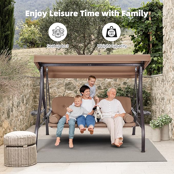 HOMREST 3 Seat Outdoor Porch Swing with 1.5" Deepened Cup Holder, Adjustable Canopy, Patio Swing Bed with Stand, Patio Glider Swing with Thicken Cushions, Pillow for Yard, Garden(Brown)