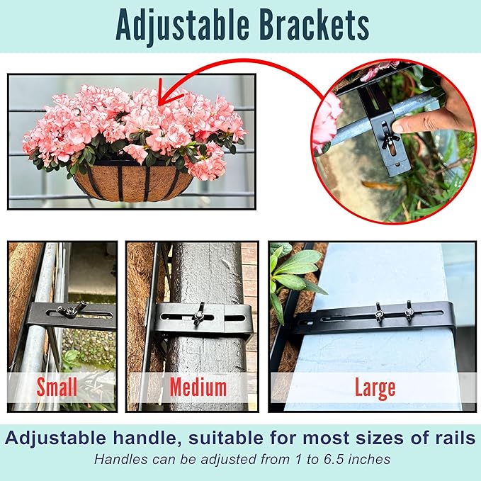 LaLaGreen Deck Railing Planter Boxes (16 Inch, 4 Pack) Black Metal Rectangular Hanging Planters with Coco Liner, Adjustable Flower Planter Box Brackets for Plants Fence Balcony Patio Porch Over Rail