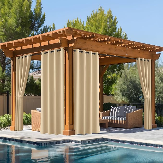 NICETOWN Fade Resistant Outdoor Curtains 2 Panels, Lightfastness Grade 4 Longlasting Waterproof Sun Blocking Thermal Insulated Draperies for Patio, Gazebo, Biscotti Beige, W52 x L96 Inch per Panel