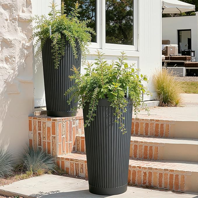 24" Large Planter Set of 2, Self Watering Tall Plastic Planters for Outdoor Plants, Modern Flower Pots Planter Outdoor for Patio, Front Door Decor, with Drainage (Gray Ribbed)