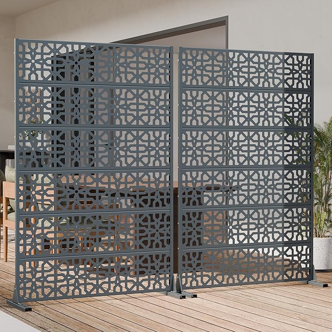 Casaphoria Metal Privacy Screen Outdoor, 72" H x 47" W Freestanding Decorative Privacy Screen for Patio Deck Balcony Garden with Stable Base, Drakgrey-Perilla