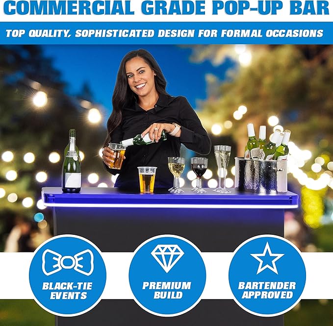 GoBar PRO Commercial Grade Portable Bar Table - Mobile Bartender Station for Events - Includes Black Skirt and Carry Case - Standard or LED, Pack 1