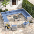 14-Seat Outdoor Wicker Patio Furniture Set with Fire Pit Table, Modular Rattan Sectional Sofa & 2 Swivel Rocking Chairs, 4" Thick Cushions, Rust-Resistant Frame,Navy