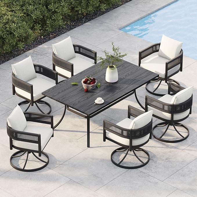 Grand patio Outdoor Dining Set, 7-Piece Patio Table and Chairs Set, Metal Woven Wicker Swivel Patio Chairs with Thickened Cushions & 1 Rectangular Woodgrain Dining Table with Umbrella Hole (Black)