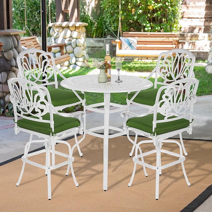 VIVIJASON 5-Piece Patio Swivel Bar Stools Set, All Weather Cast Aluminum Outdoor Bar Height Bistro Set with 4 Cushioned Bar Chairs & 35.4" High Bar Table w/Umbrella Hole for Backyard, Lawn, White