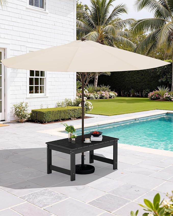 SERWALL Outdoor Coffee Table with 9FT Umbrella, HDPE Patio Coffee Table for Outside, Rectangle, Black(Not Include Umbrella Base)