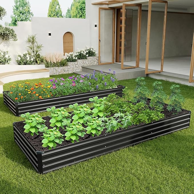 12×4×1FT(2PCS) Galvanized Raised Garden Bed Kit,Metal Planter Boxes,Large Outdoor Planters Garden for Planting Vegetables,Flowers,Herbs -Black