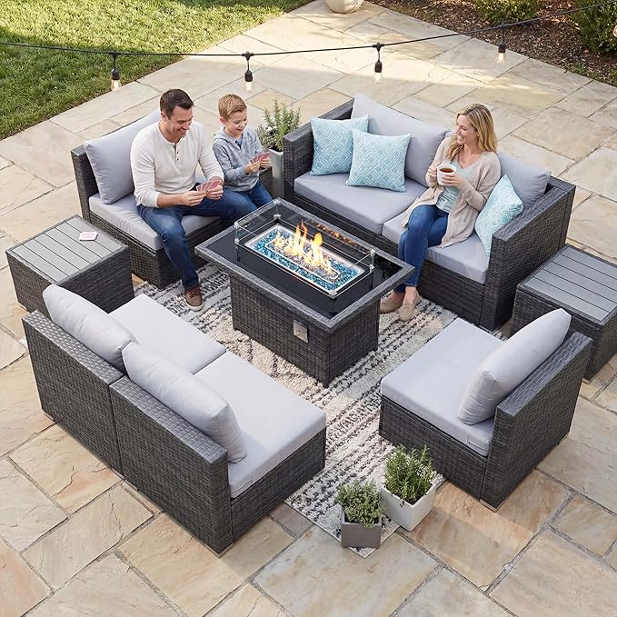 NICESOUL 9 Piece Patio Set with Firepits Natural Gas/Propane, 29.3'' High Back Comfortable L Shape Outdoor Conversations, XL Large Size Deep Seated Wicker Sectional Sofa Furniture Set, Gray