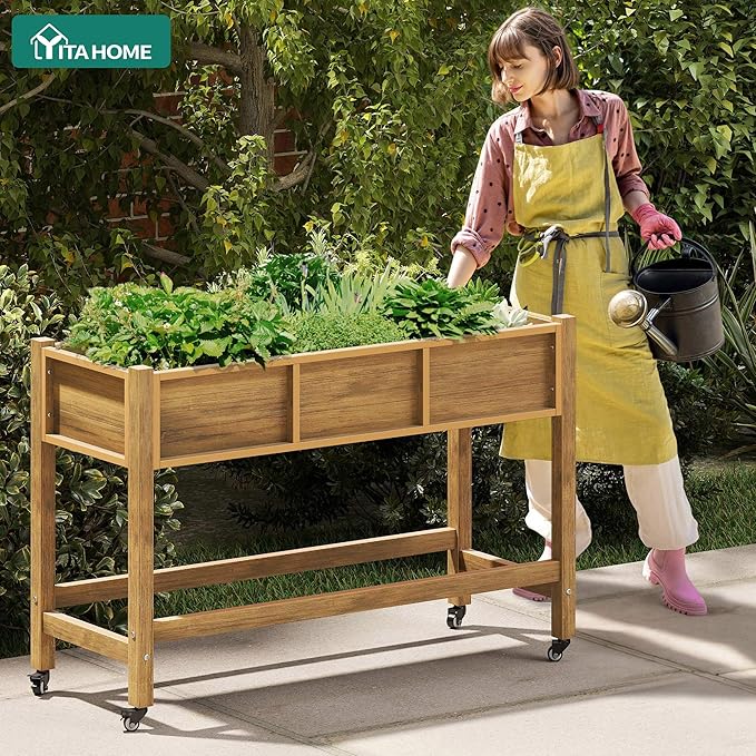 YITAHOME Raised Garden Bed HDPE, 47x18x31In Poly-Wood Weather-Resistant Raised Flower Bed, Elevated Planter Box with Lockable Wheels for Vegetables, Brown