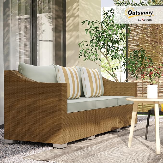 Outsunny 3 Seater Patio Sofa, Wicker Sofa with Cushions, Outdoor Furniture Rattan Couch with 2 Throw Pillows, Deep Seating, for Garden, Backyard, Porch, Light Gray