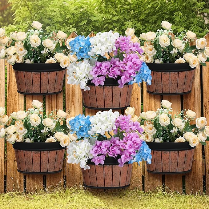 Layhit 6 Pcs Wall Hanging Planters Outdoor Pot Planter Wine Barrel Planter Distressed Oak Thickened Plastic Water Storage Flower Pots for Flower Indoor Outdoor(13.78 Inches,Brown)