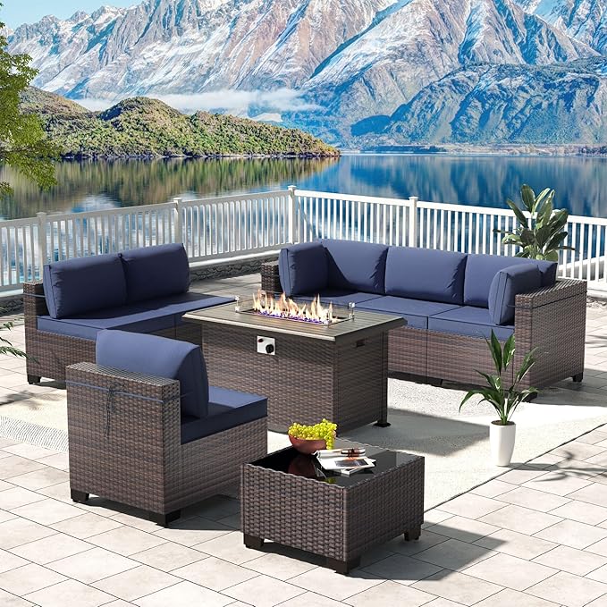 Kullavik 8 Pieces Outdoor Patio Furniture Set with 43" 55000BTU Gas Propane Fire Pit Table PE Wicker Rattan Sectional Sofa Patio Conversation Sets,Navy Blue