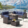 Kullavik 8 Pieces Outdoor Patio Furniture Set with 43" 55000BTU Gas Propane Fire Pit Table PE Wicker Rattan Sectional Sofa Patio Conversation Sets,Navy Blue