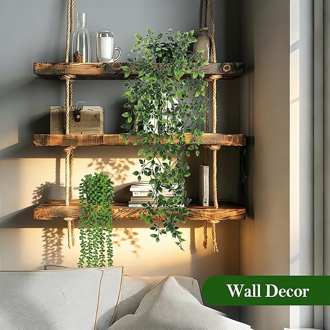 Der Rose 8Pcs Fake Plants Hanging Artificial Ivy Vine Faux Eucalyptus Hanging Plants for Home Boho Wall Shelf Indoor Outdoor Decor (Black Pots)