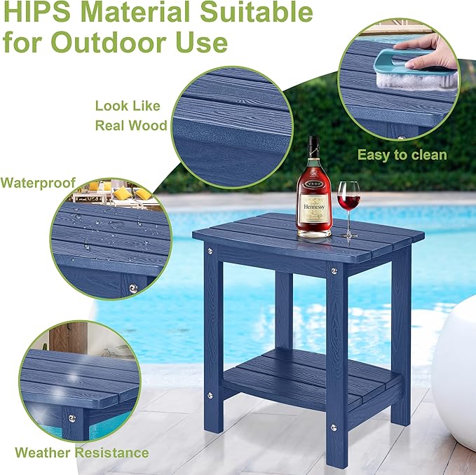 Y&M Outdoor Side Table, HIPS Adirondack Small Double Layer Table, Waterproof Square Outside Table, Balcony End Tables for Patio, Pool, Porch, Deck, Indoor or Outdoor Use, Navy Blue