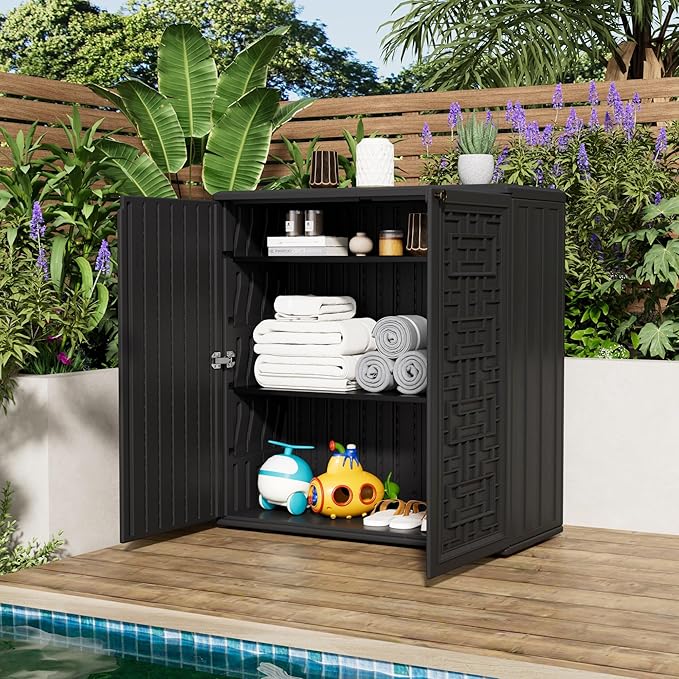 Outdoor Storage Cabinet Waterproof with Shelf,Resin Storage Sheds Outdoor Cabinets for tub Towels/Chemicals/Grill Items/Patio/Garden/Backyard, Size 34.3''L*15''W*36.2''H（Black）