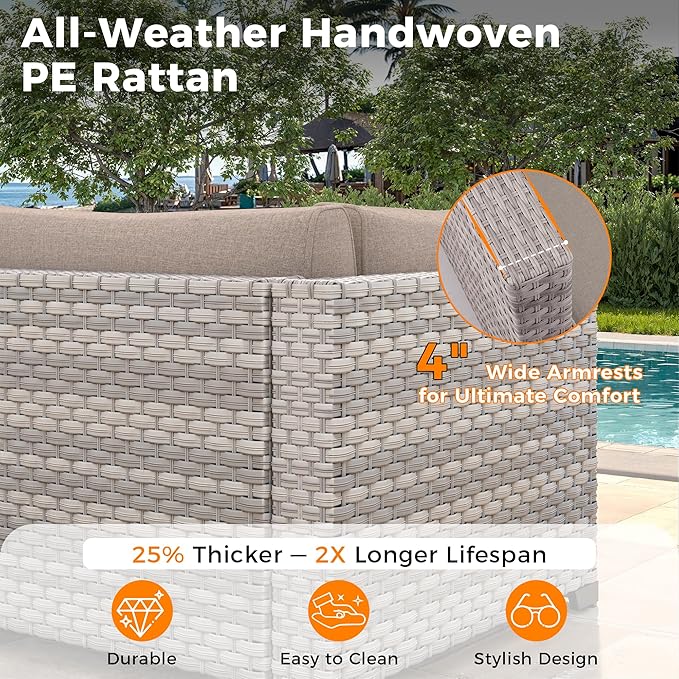 10-Seat Outdoor Wicker Patio Furniture Set with Fire Pit Table, Modular Rattan Sectional Sofa & 2 Swivel Rocking Chairs, 4" Thick Cushions, Rust-Resistant Frame,Beige