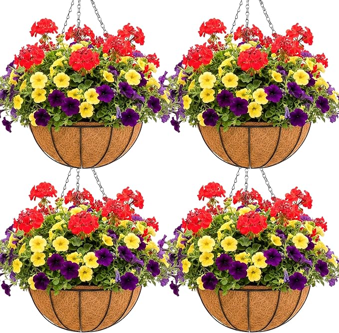 12 inch Metal Hanging Baskets For Plants Outdoor 4 Pack Round Metal Wire Hanging Basket Planter with Coco Fiber Liners Chain Round Wire Plant Holder for Garden, Patio, Deck, Porch Plants Flower Potss