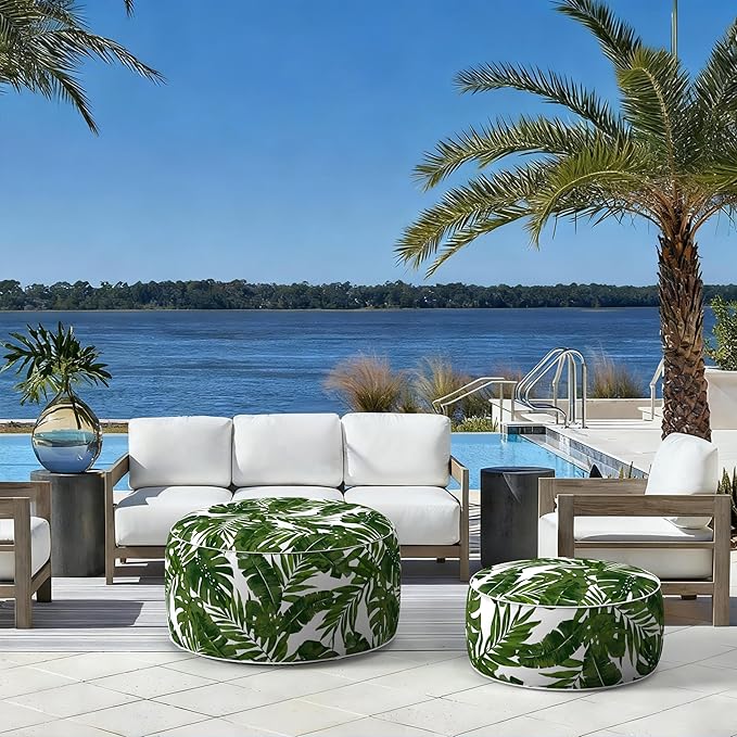 LVTXIII Indoor/Outdoor Extra Large Inflatable Ottoman Pouf D31 x H14 Inch, Round Footstool with Handle, Weather-Resistant Portable Furniture for Patio, Camping, Beach, Palm Green