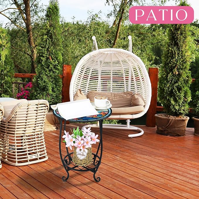 Outdoor Side Table Round Small Mosaic Patio Accent Indoor End Plant Coffee Tea Table for Yard Patio Porch Garden Living Room, Bedroom(Dragonfly Style,12 Inch)