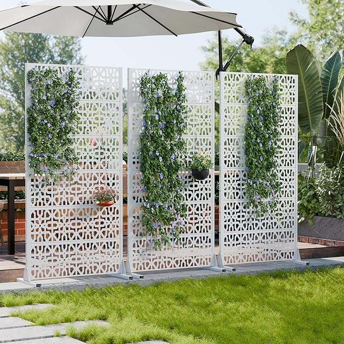 Casaphoria Metal Privacy Screen Outdoor, 72" H x 35" W Freestanding Decorative Privacy Screen for Patio Deck Balcony Garden with Stable Base, White-Perilla