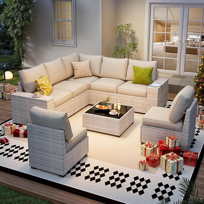 8 Piece Outdoor Patio Furniture Set, Outdoor Sectional Furniture, Rattan & Wicker Modern Modular Conversation Set Sofa Couch W/Water Resistant Washable Thick Cushions and Coffee Table, Beige