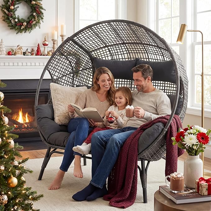 NICESOUL® Double Egg Chair Indoor Outdoor Stationary Oversized 6.5" Thick Padded Cushions,2 Person Egg Wicker Loveseat Chair,680 lbs Extra Large Lounge Chair for Patio Balcony Porch Backyard Gray