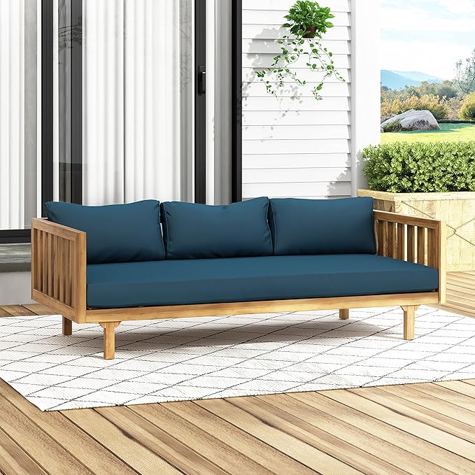 Claremont Outdoor 3 Seater Daybed with Cushions - Acacia Wood - Teak/Dark Teal