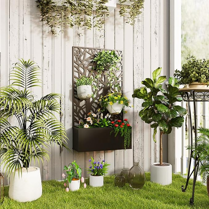 Outsunny Metal Raised Garden Bed with Trellis for Climbing Plants, Freestanding or Wall Mounted Flower Bed with Privacy Panel, Two Big Tree Cut-Outs Outdoor Planter Box for Garden, Patio, Balcony
