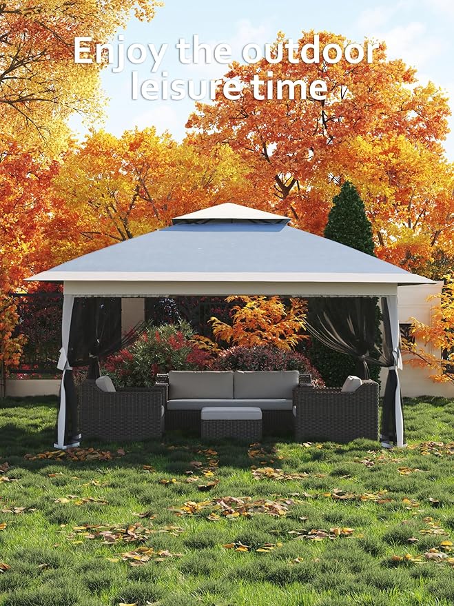 13 X 13FT Pop Up Gazebo, Canopy Tent, Gazebos on Clearance,Patio Folding Canopy with Mosquito Netting - Backyard Tent for Party, Wedding, Outdoor Dining, Patio, Backyard(Navy Blue+Hemp Grey)