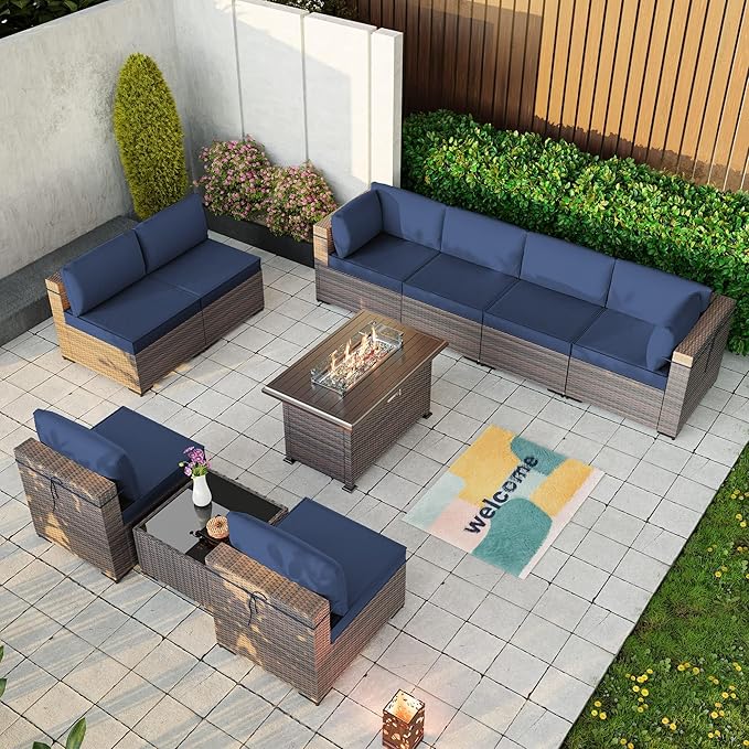 Kullavik 10 Pieces Outdoor Patio Furniture Set with 43" 55000BTU Gas Propane Fire Pit Table PE Wicker Rattan Sectional Sofa Patio Conversation Sets,Navy Blue
