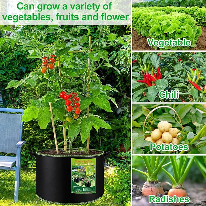 NACHLYNN 5-Pack 7 Gallon Grow Bags Thickened Nonwoven Fabric Pots with Handles Heavy Duty Aeration Fabric Pots Plant or Fruits Flowers Plant for Gardening