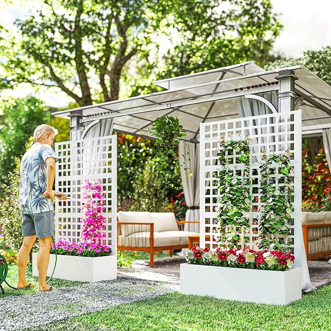 Outsunny Galvanized Raised Garden Bed with Trellis, Metal Planter Box with Drainage Holes, Outdoor Privacy Screen for Climbing Plants, Vegetable, Vines, 43" x 16" x 70", 2 Pack, White