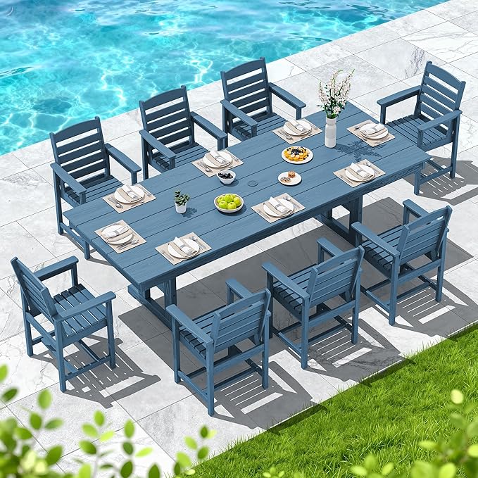 SERWALL Outdoor Dining Chairs Set of 4, All-Weather HDPE Patio Chair with 19.7" Widened Seat, for Backyard, Garden, Blue
