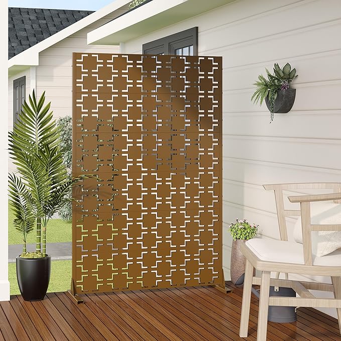 Casaphoria Metal Privacy Screen Outdoor, 72" H x 47" W Freestanding Decorative Privacy Screen for Patio Deck Balcony Garden with Stable Base, Brown-Square