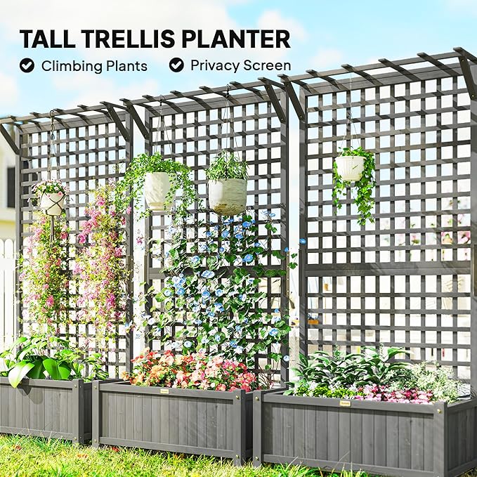 Outsunny Wood Planter with Trellis, Raised Garden Bed for Climbing Plants w/Drainage Holes and Roof, 35.5" x 17.75" x 72", Dark Gray
