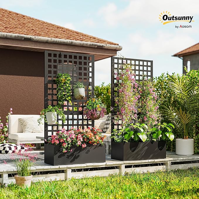 Outsunny Galvanized Raised Garden Bed with Trellis, Metal Planter Box with Drainage Holes, Outdoor Privacy Screen for Climbing Plants, Vegetable, Vines, 35" x 16" x 70", 2 Pack, Black