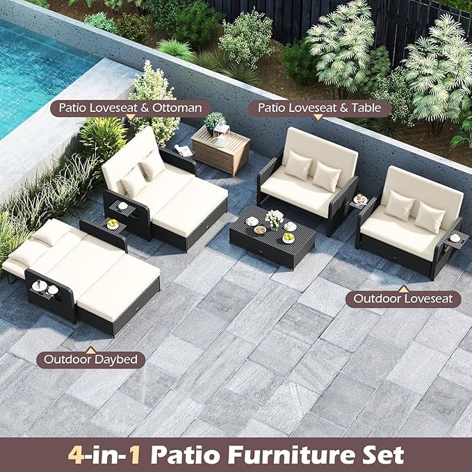 Tangkula Patio Rattan Daybed with 4-Level Adjustable Backrest, Outdoor PE Wicker Loveseat with Storage Ottoman & Folding Side Tray, Double Sunbed Lounger for Balcony, Backyard & Poolside (White)