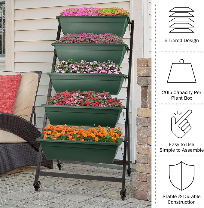 Raised Garden Beds - 5 Tier Vertical Garden Planter - Planters for Outdoor Plants - Gardening and Greenhouse Accessories by Pure Garden (Green)