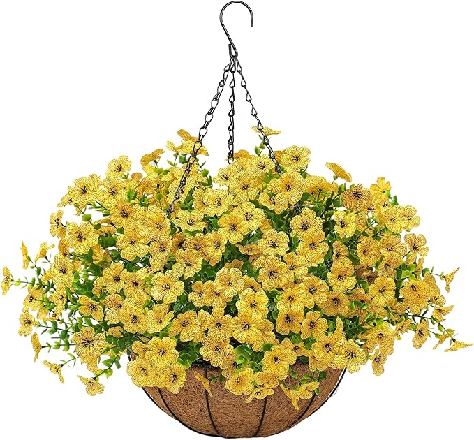 Artificial Faux Hanging Mums Plants Flowers Basket for Outdoors Summer Autumn Decoration,Hanging Planters with Fake Silk Daisy UV Resistant Realistic for Outside Porch Patio Balcony Garden Home Yellow