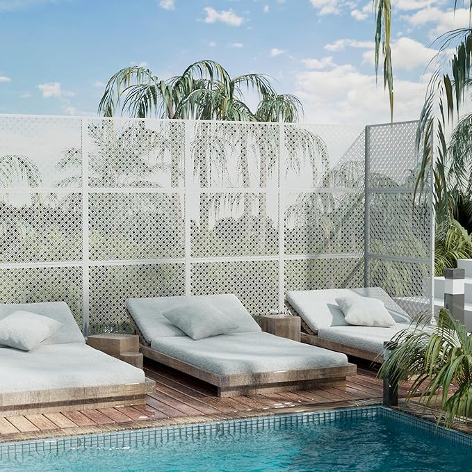 Casaphoria 72" H x 35" W Metal Outdoor Privacy Screen, Freestanding Decorative Divider for Patio, Deck, Balcony, and Garden with Stable Base, White-Jason