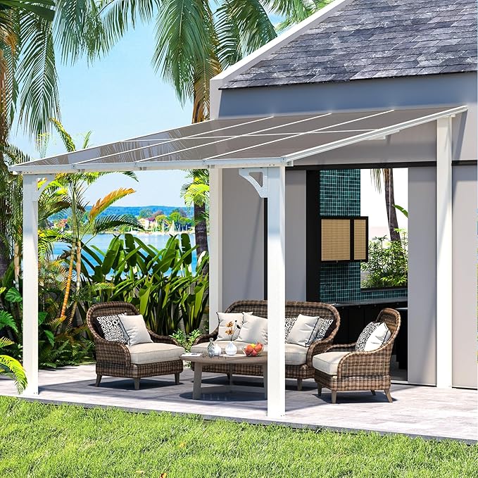 AECOJOY 8' x 8' White Gazebo Outdoor Pergola for Patio, Small Wall-Mounted Hard Top Lean to Metal Gazebo Shelter Pergolas and Gazebos Clearance with Patio Roof, Heavy Duty Awnings for Backyard