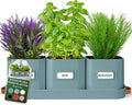 volila Herb Planter Indoor - Set of 3 Teal Blue Indoor Herb Garden Pots for Plants with Leather Handled Tray - Window Sill Plant Shelf - Herb Pots with Drainage Holes and Labels