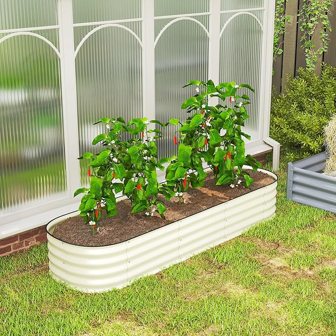 Outsunny 6.5' x 2' x 1' Galvanized Raised Garden Bed Kit, Outdoor Metal Elevated Planter Box with Safety Edging, Easy DIY Stock Tank for Growing Flowers, Herbs & Vegetables, Cream