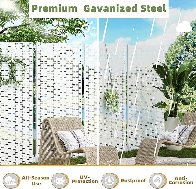 Casaphoria Metal Privacy Screen Outdoor, 72" H x 47" W Freestanding Decorative Privacy Screen for Patio Deck Balcony Garden with Stable Base, White-Brick